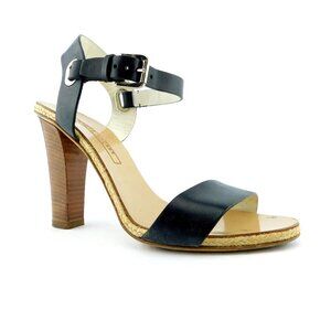 RALPH LAUREN Collection Black Leather Ankle Strap Jute Detail Heel Sandals 7